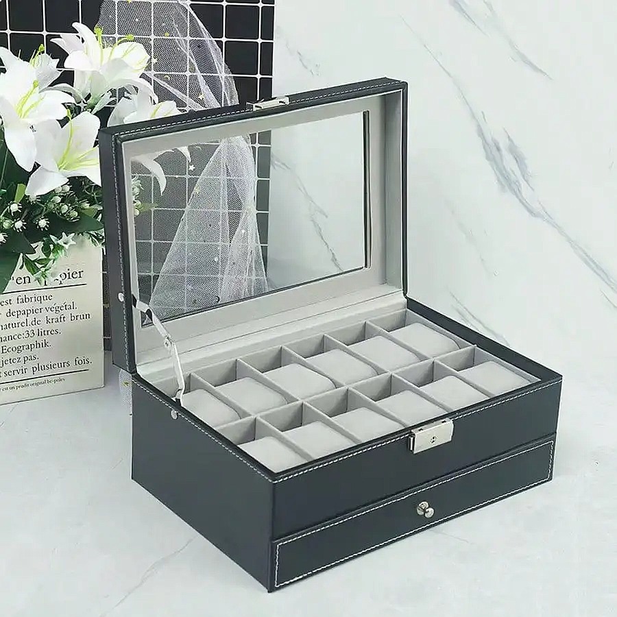 引き出し付きの12個収納可能な腕時計ボックス。高級感のあるレ - Watch Display Box のレビューと価格